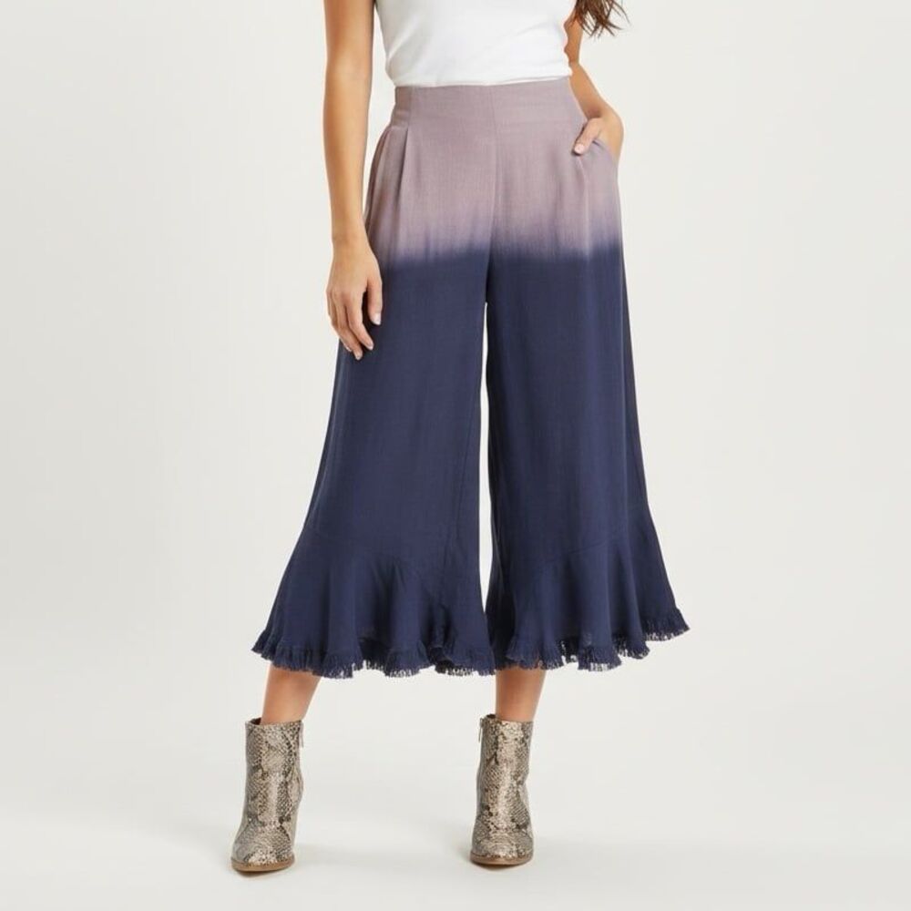 NWT Umgee Ombre Wide Leg Ruffle Hem Boho Pants Large Blue Purple Dip Dye